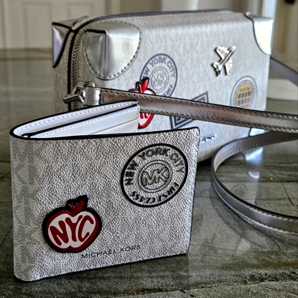 NWT Michael Kors Silver Wallet and Crossbody Set